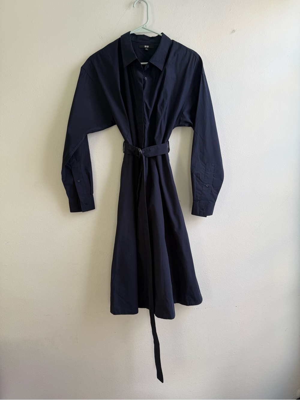 NWT UNIQLO Navy Cotton Belted Shirt Dress Fit & Flare Size Small